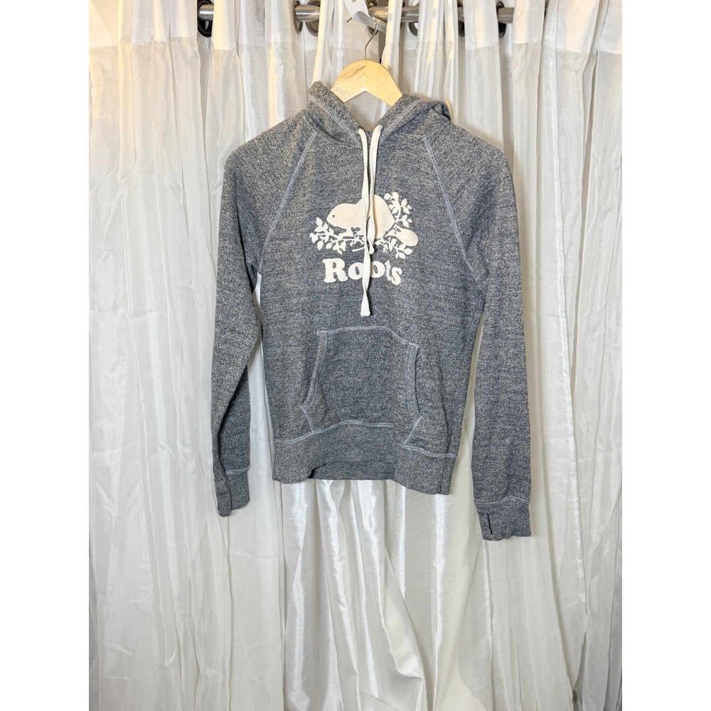 Roots Hoodie Women XS Grey Salt and Pepper Beaver Logo Graphic Pullover
